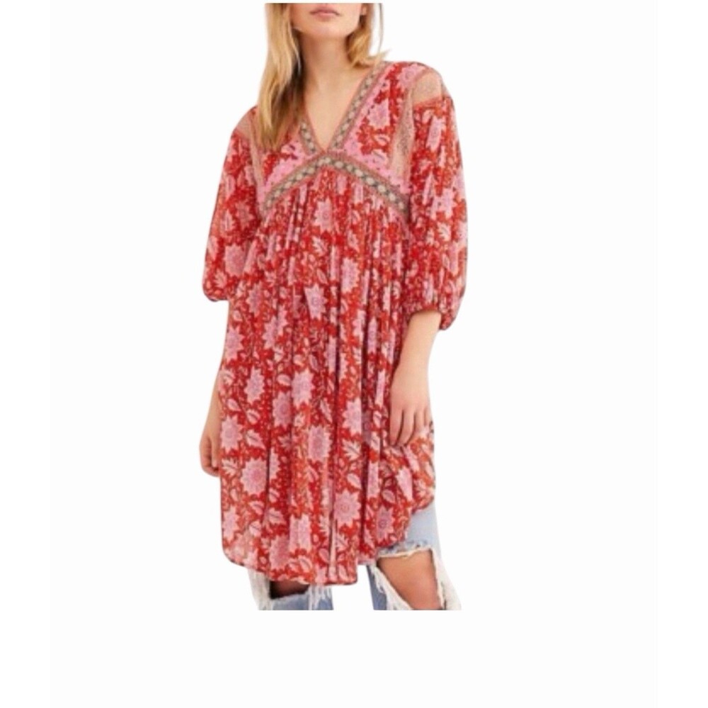 Free People Moon Child Red and Pink Boho Tunic Dress Women’s Size Large